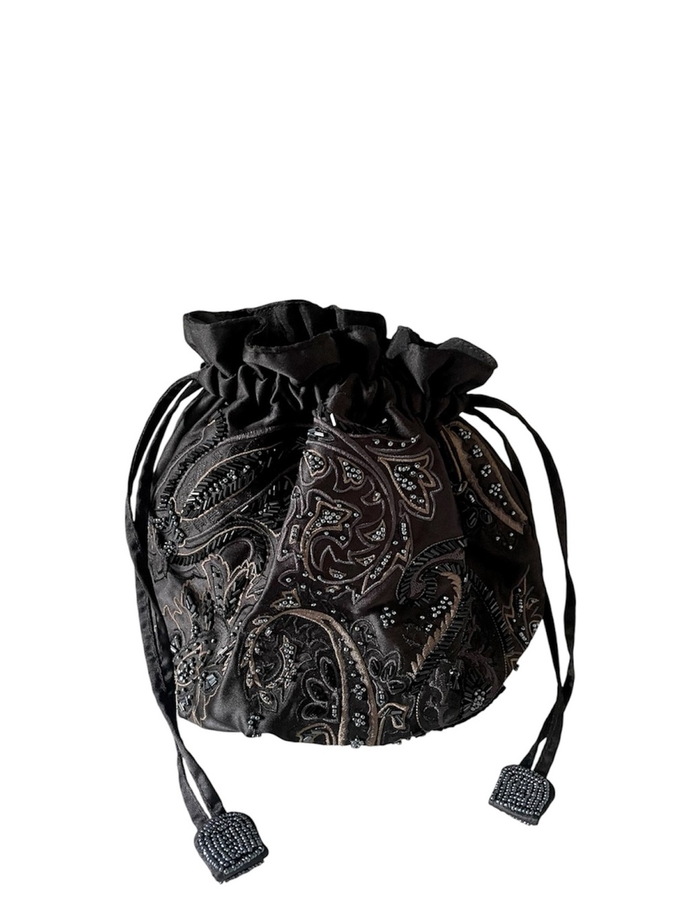 Vintage Million Wishes Black Beaded Paisley Satin Drawstring Evening Bag